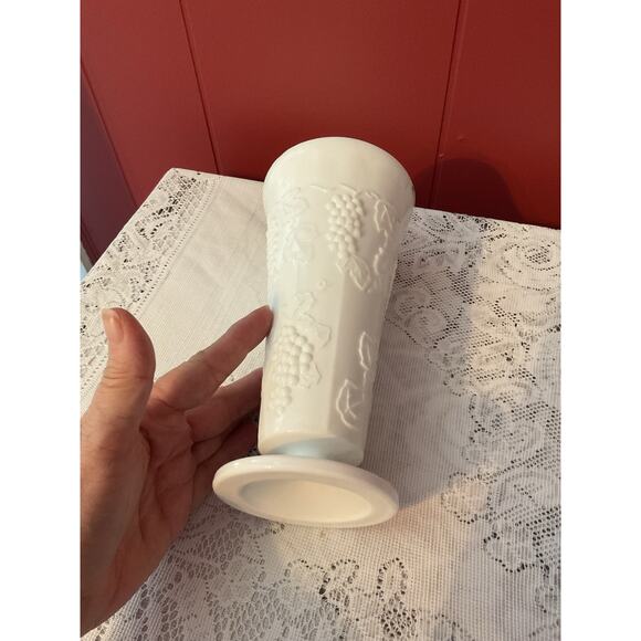 Mid Century Milk Glass Vase Embossed Grapes - Picture 2 of 9